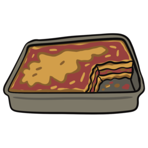  a gray pan of red and yellow cheesy lasagna with a corner piece cut out.